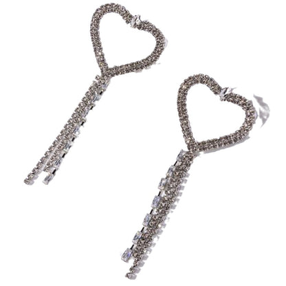 Heart Shape Tassel Earrings For Women In Silver Alloy With Zircon Inlay, Featuring Electroplated Craft