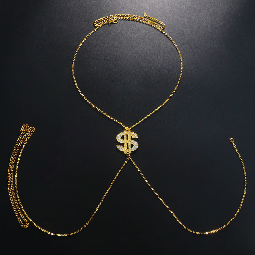 Women's Gold Alloy Body Chain Featuring Dollar Pattern With Artificial Gemstones