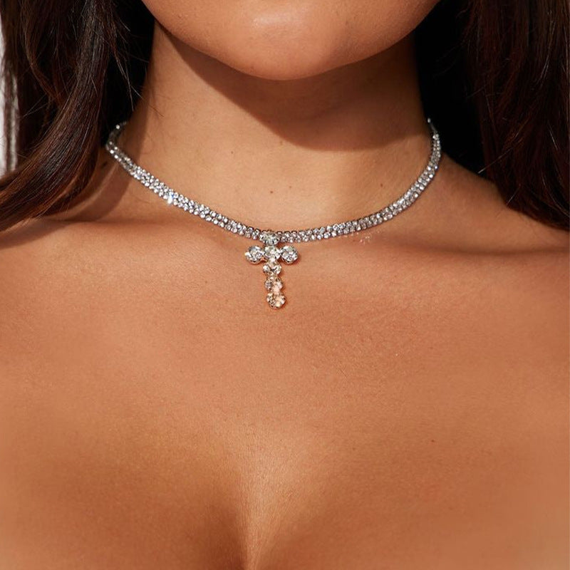 Silver Cross Necklace For Women Featuring Alloy Pendant With Rhinestone Inlay