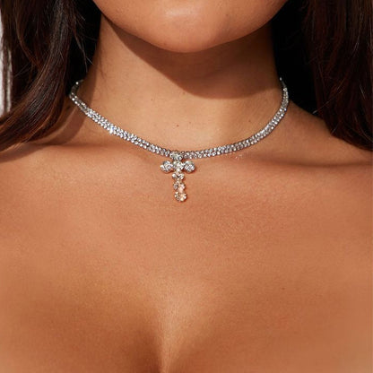 Silver Cross Necklace For Women Featuring Alloy Pendant With Rhinestone Inlay