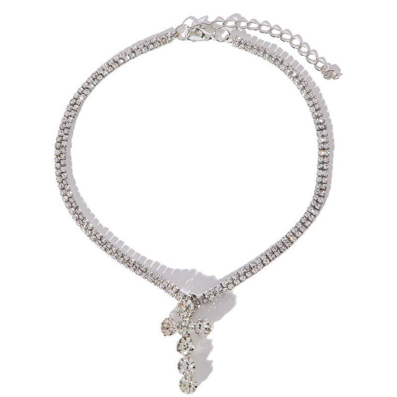 Silver Cross Necklace For Women Featuring Alloy Pendant With Rhinestone Inlay