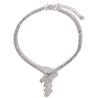 Silver Cross Necklace For Women Featuring Alloy Pendant With Rhinestone Inlay