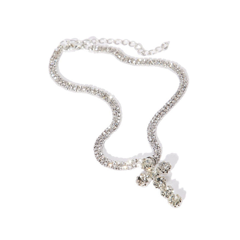 Silver Cross Necklace For Women Featuring Alloy Pendant With Rhinestone Inlay