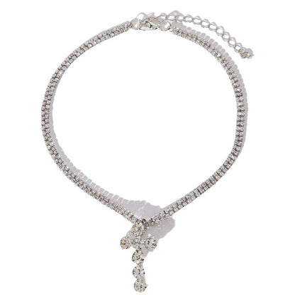 Silver Cross Necklace For Women Featuring Alloy Pendant With Rhinestone Inlay