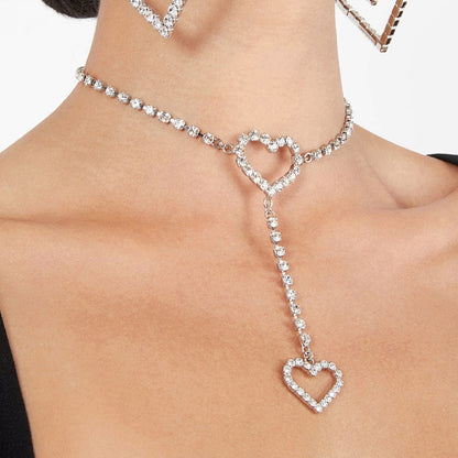 Heart Shape Silver Alloy Necklace With Electroplated Finish And Rhinestones Pendant For Women