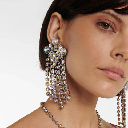 Silver Tassel Clip Earrings For Women In Alloy With Rhinestone Inlay