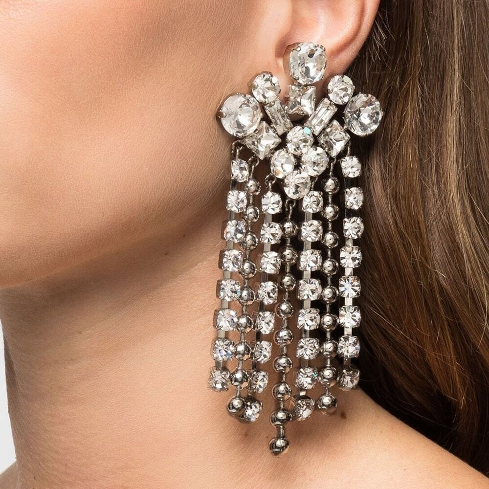 Silver Tassel Clip Earrings For Women In Alloy With Rhinestone Inlay