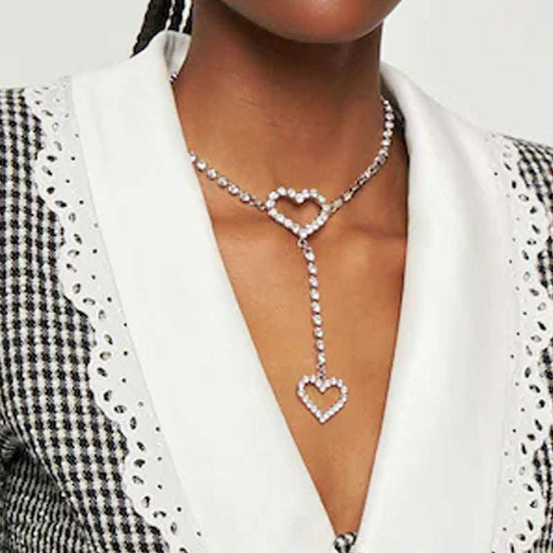 Heart Shape Silver Alloy Necklace With Electroplated Finish And Rhinestones Pendant For Women