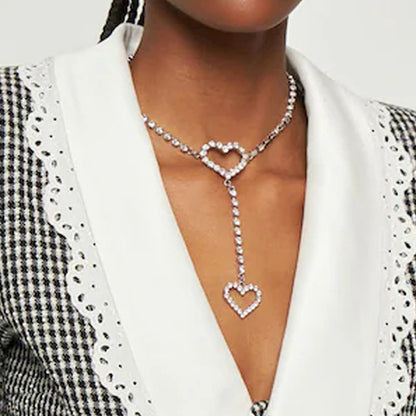 Heart Shape Silver Alloy Necklace With Electroplated Finish And Rhinestones Pendant For Women