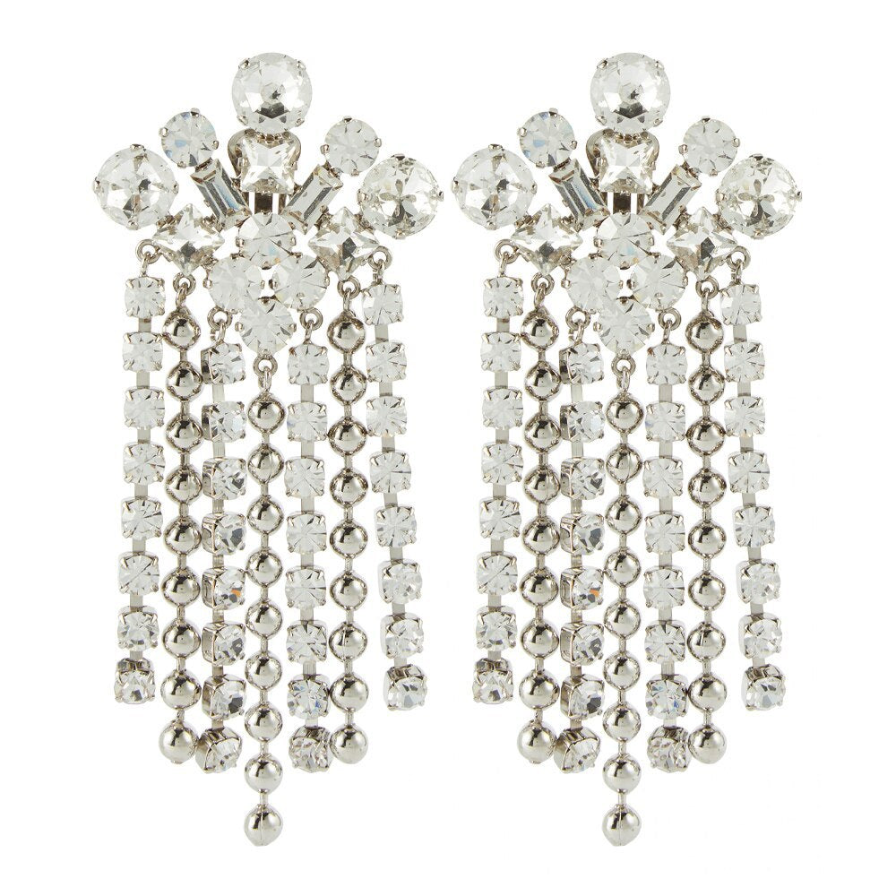 Silver Tassel Clip Earrings For Women In Alloy With Rhinestone Inlay