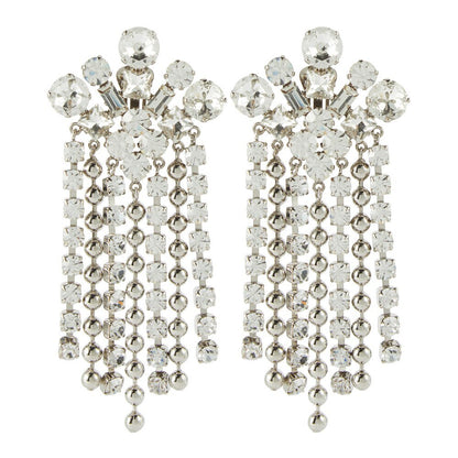 Silver Tassel Clip Earrings For Women In Alloy With Rhinestone Inlay