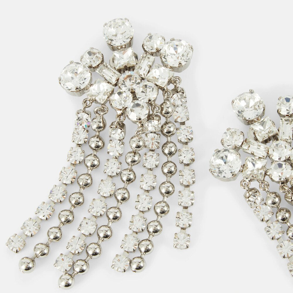 Silver Tassel Clip Earrings For Women In Alloy With Rhinestone Inlay