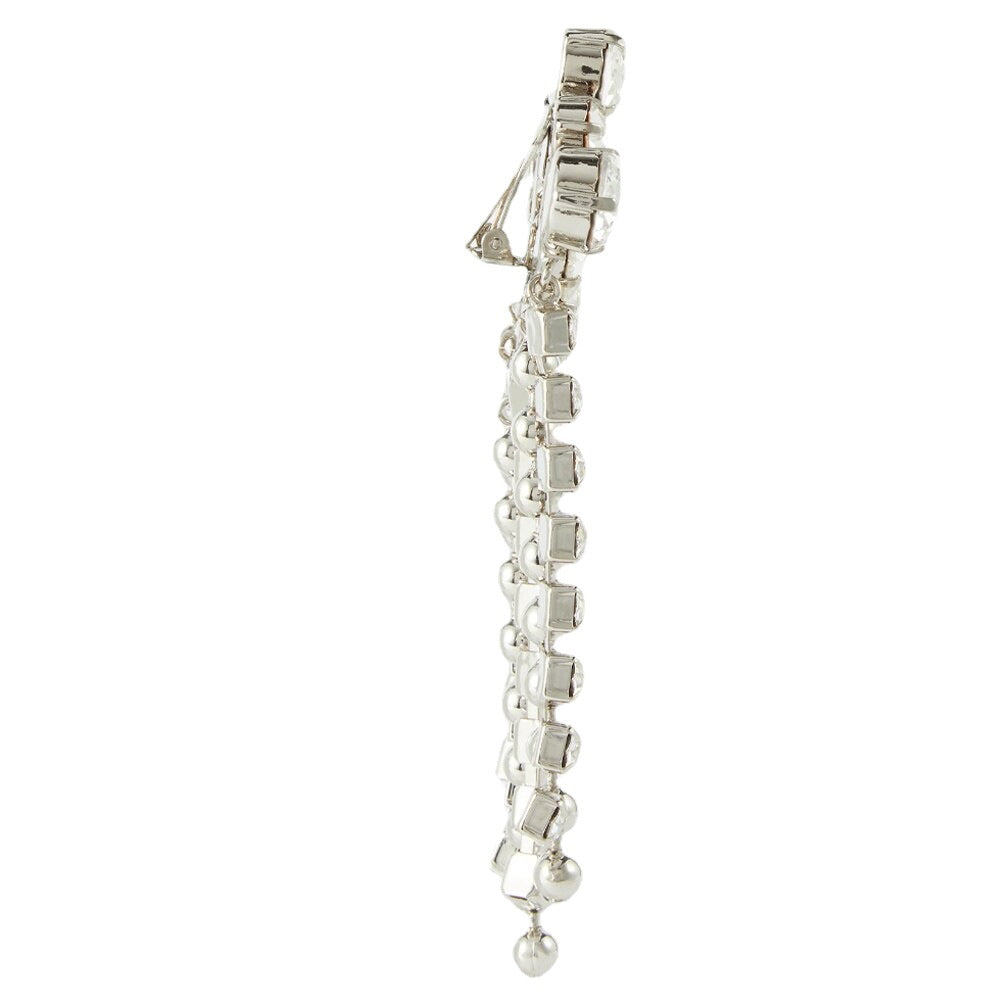Silver Tassel Clip Earrings For Women In Alloy With Rhinestone Inlay