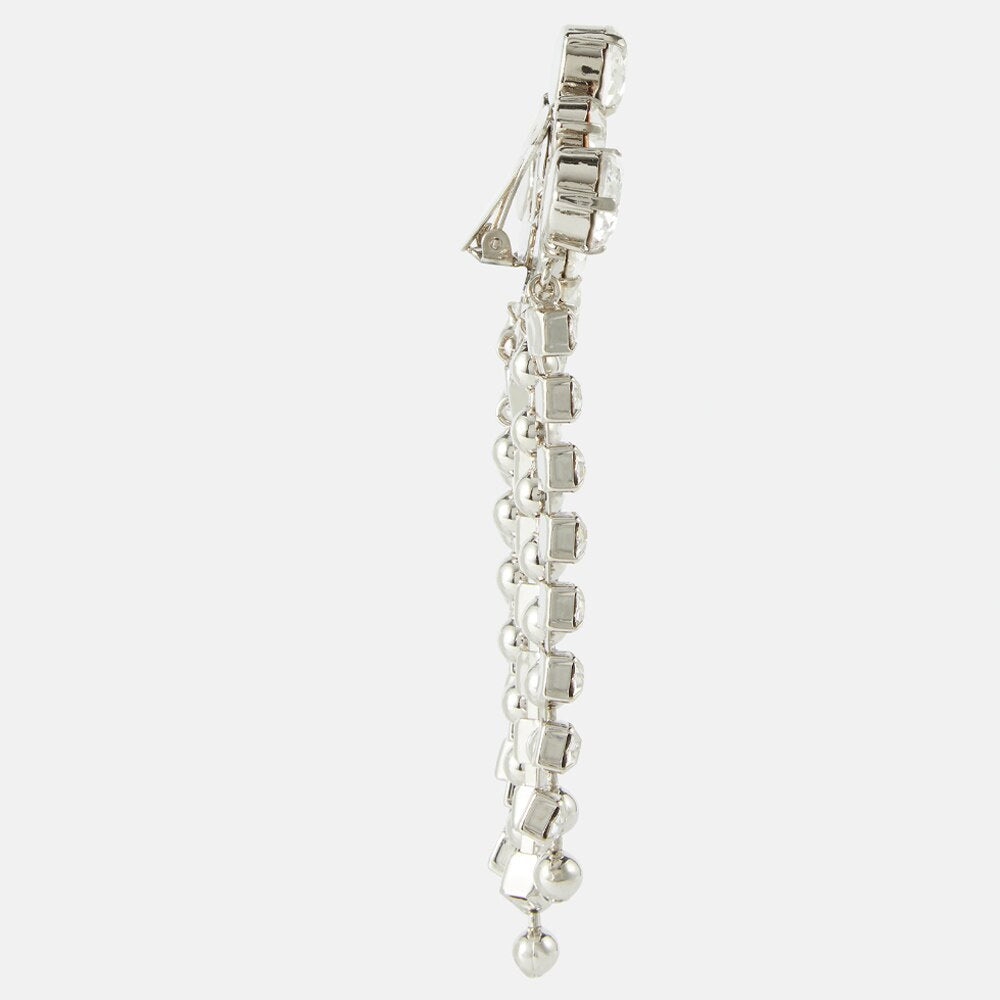 Silver Tassel Clip Earrings For Women In Alloy With Rhinestone Inlay