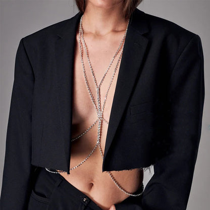 Simple Style Silver Alloy Body Chain For Women With Geometric Pattern And Electroplated Finish, Featuring Rhinestones