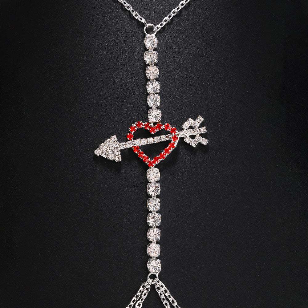 Silver Alloy Body Chain For Women Featuring Heart Shape Pattern With White Crystal Inlay And Electroplated Finish
