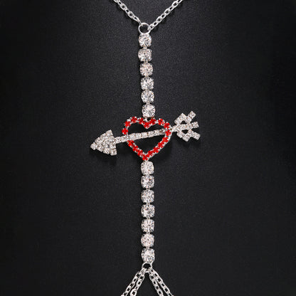 Silver Alloy Body Chain For Women Featuring Heart Shape Pattern With White Crystal Inlay And Electroplated Finish