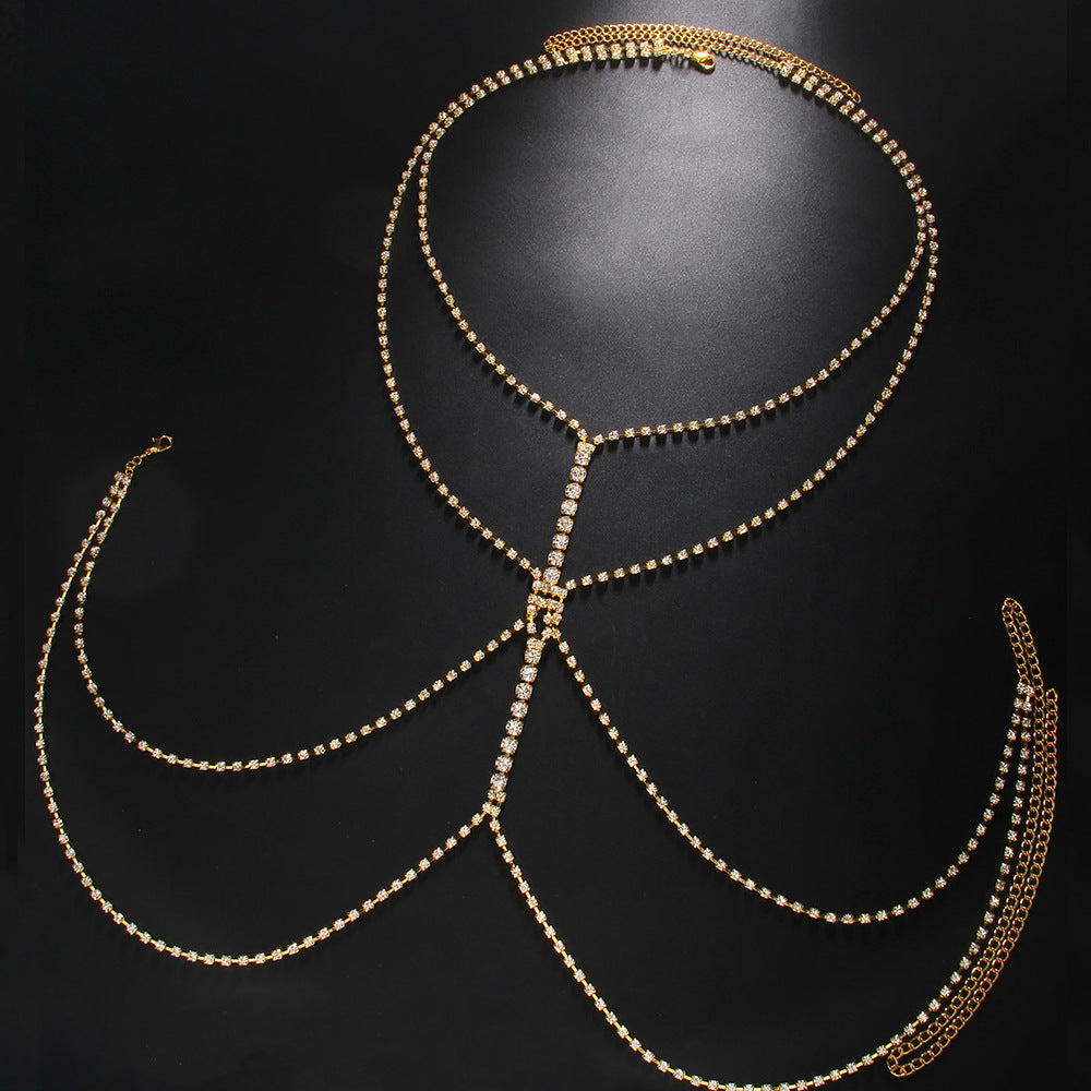 Simple Style Silver Alloy Body Chain For Women With Geometric Pattern And Electroplated Finish, Featuring Rhinestones