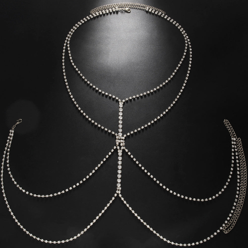 Simple Style Silver Alloy Body Chain For Women With Geometric Pattern And Electroplated Finish, Featuring Rhinestones