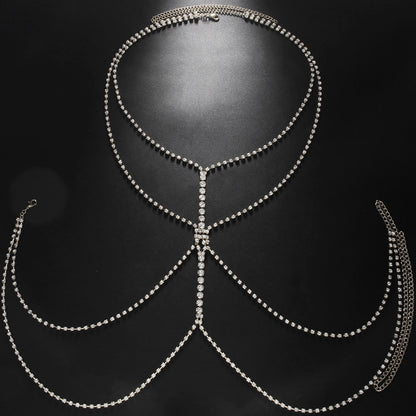 Simple Style Silver Alloy Body Chain For Women With Geometric Pattern And Electroplated Finish, Featuring Rhinestones