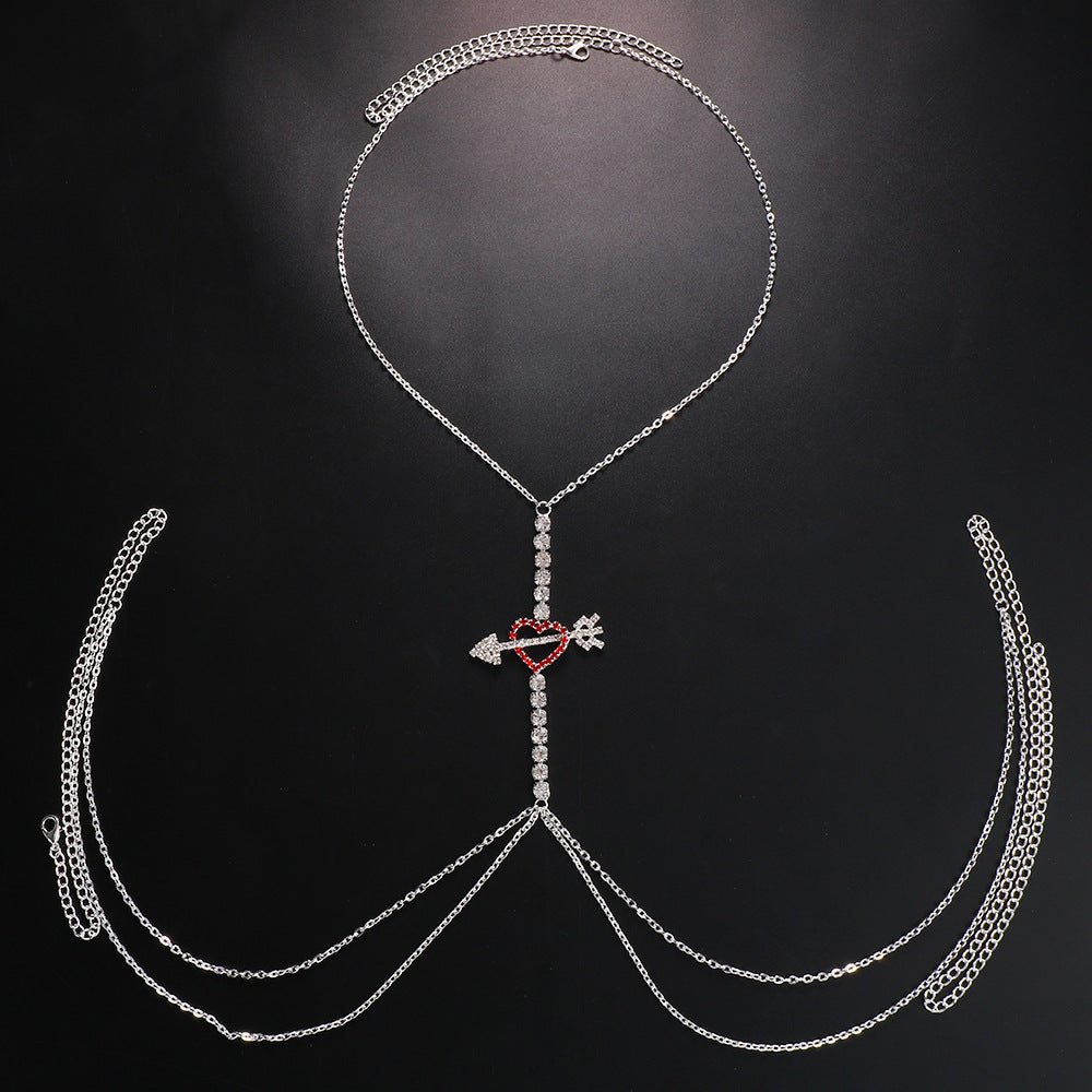 Silver Alloy Body Chain For Women Featuring Heart Shape Pattern With White Crystal Inlay And Electroplated Finish
