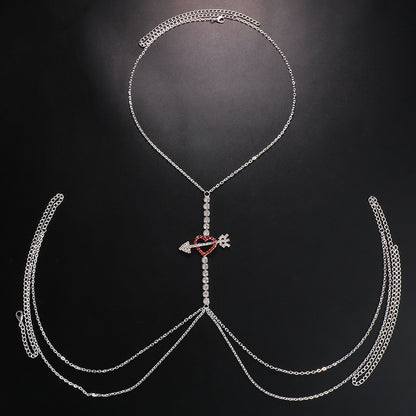 Silver Alloy Body Chain For Women Featuring Heart Shape Pattern With White Crystal Inlay And Electroplated Finish