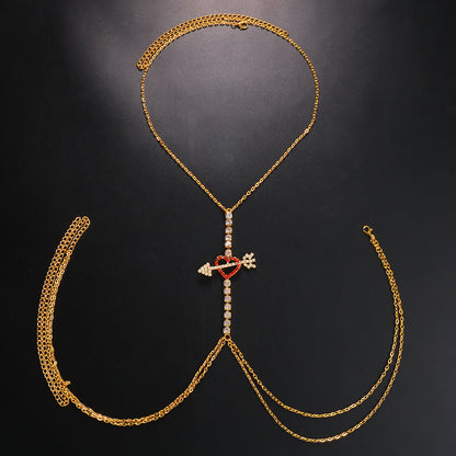 Silver Alloy Body Chain For Women Featuring Heart Shape Pattern With White Crystal Inlay And Electroplated Finish