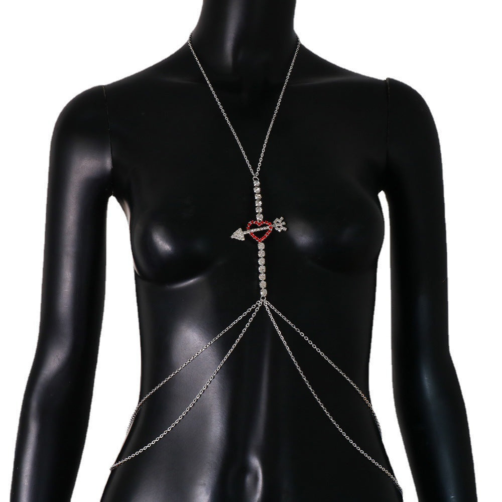 Silver Alloy Body Chain For Women Featuring Heart Shape Pattern With White Crystal Inlay And Electroplated Finish