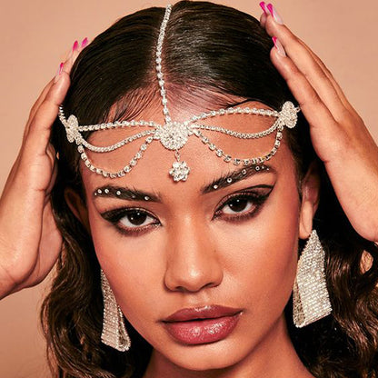 Ethnic Style Flowers Hair Chain In Alloy With Rhinestones, Silver Hair Accessory For Wedding Season