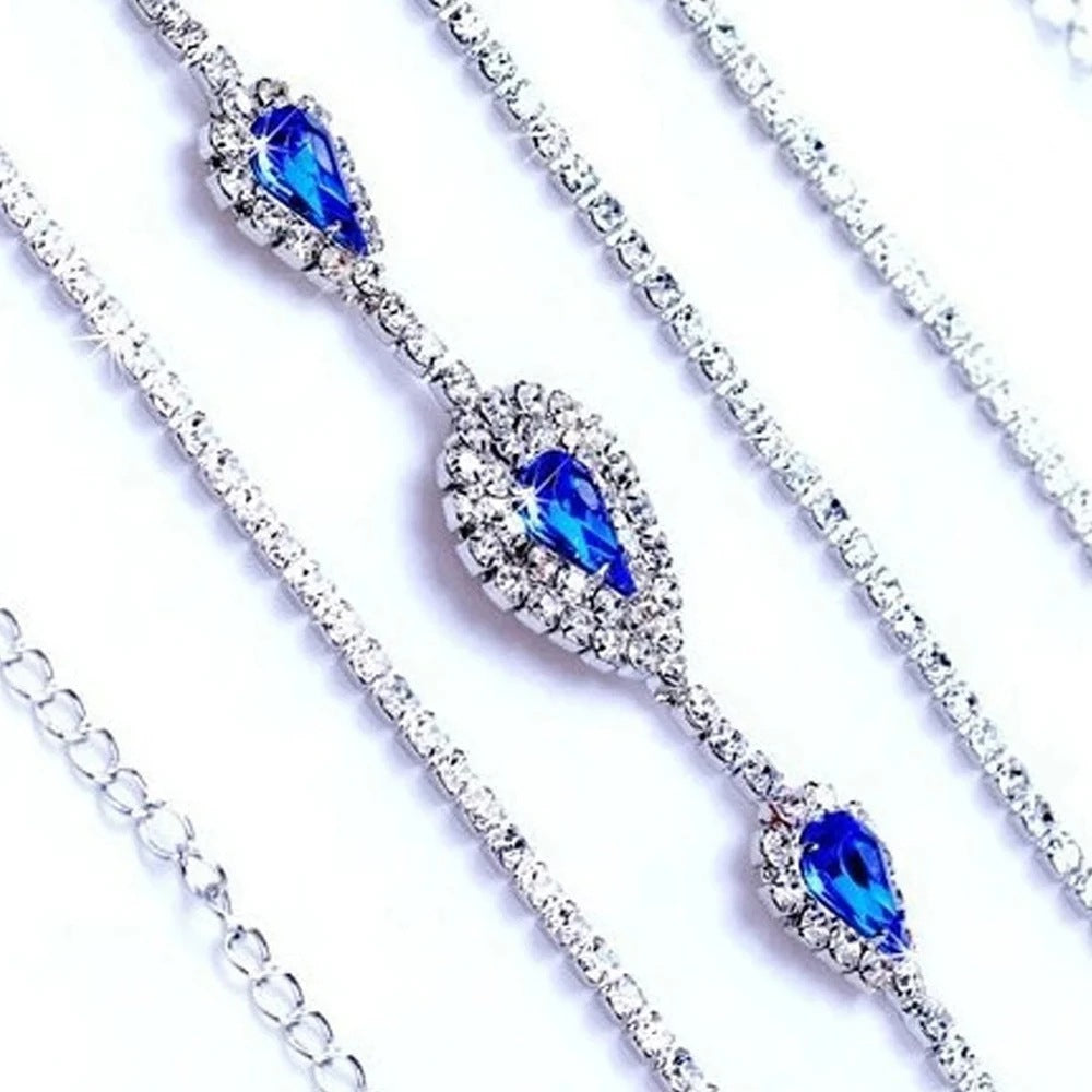 Silver Alloy Body Chain For Women With Water Droplets Pattern And Electroplated Finish Featuring Rhinestones