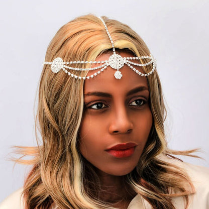 Ethnic Style Flowers Hair Chain In Alloy With Rhinestones, Silver Hair Accessory For Wedding Season
