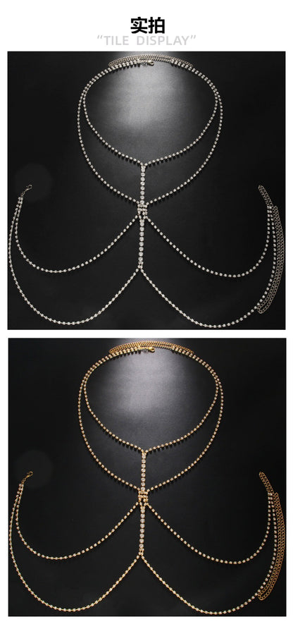 Simple Style Silver Alloy Body Chain For Women With Geometric Pattern And Electroplated Finish, Featuring Rhinestones