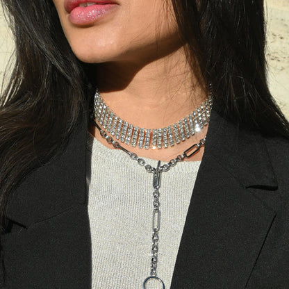 Sparkly Silver Necklace For Women With Electroplated Alloy Pendant Featuring Rhinestones