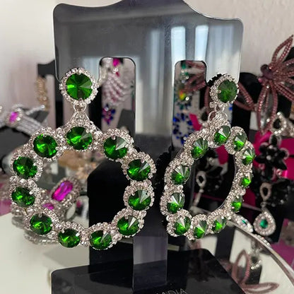 Luxurious Round Silver Alloy Earrings For Women Featuring May Birthstone Emerald Inlay