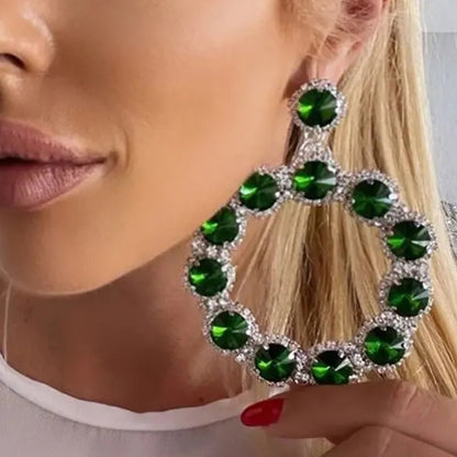 Luxurious Round Silver Alloy Earrings For Women Featuring May Birthstone Emerald Inlay