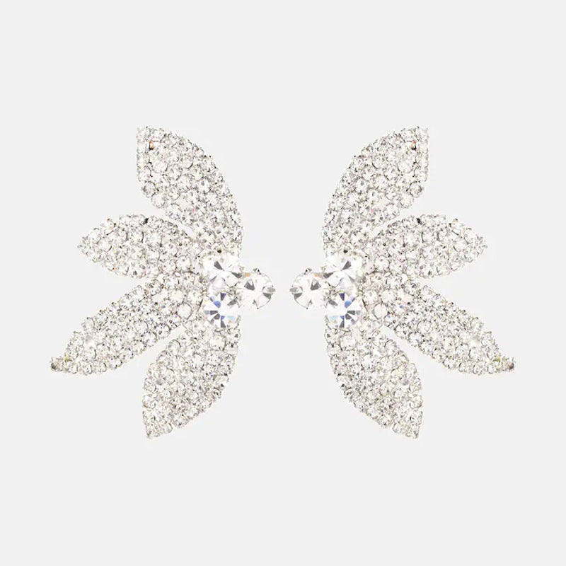 Petal Silver Alloy Earrings For Women In Simple Style With Electroplated Finish And Rhinestone Inlay