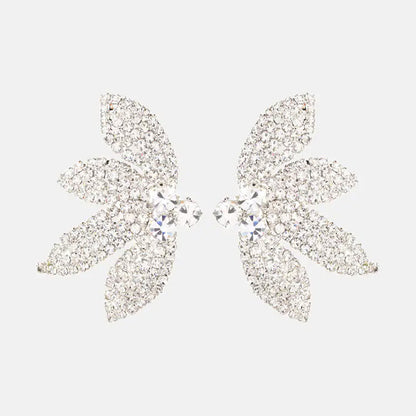 Petal Silver Alloy Earrings For Women In Simple Style With Electroplated Finish And Rhinestone Inlay