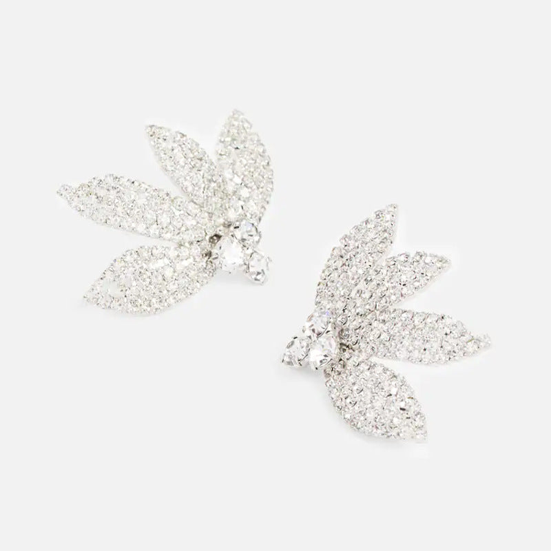 Petal Silver Alloy Earrings For Women In Simple Style With Electroplated Finish And Rhinestone Inlay