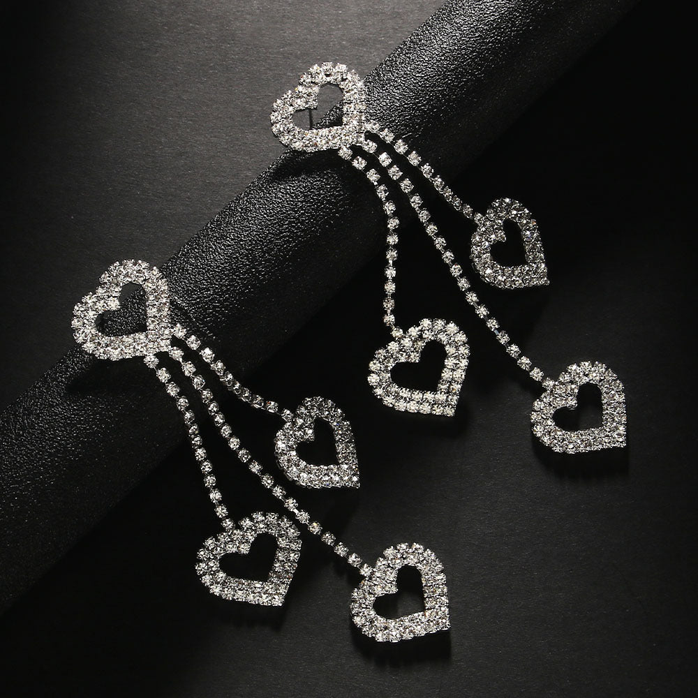 Heart Shape Tassel Earrings For Women In Silver Alloy With Rhinestone Inlay, Simple Style
