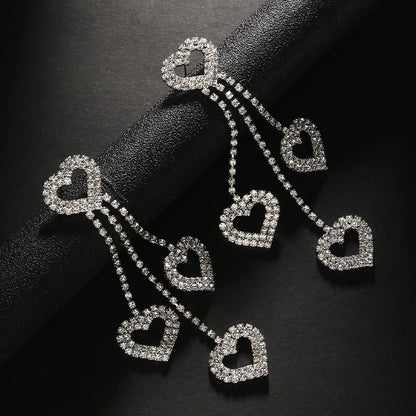 Heart Shape Tassel Earrings For Women In Silver Alloy With Rhinestone Inlay, Simple Style