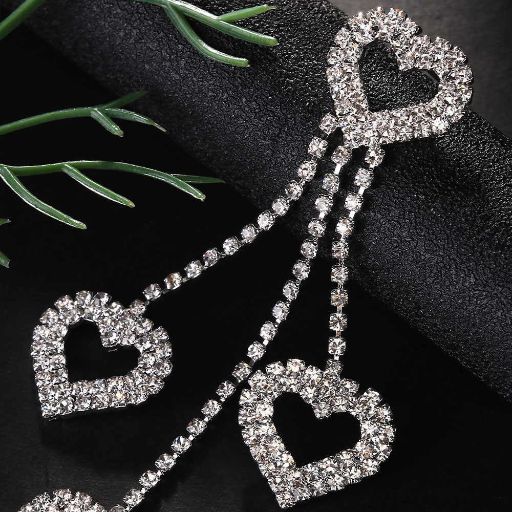 Heart Shape Tassel Earrings For Women In Silver Alloy With Rhinestone Inlay, Simple Style