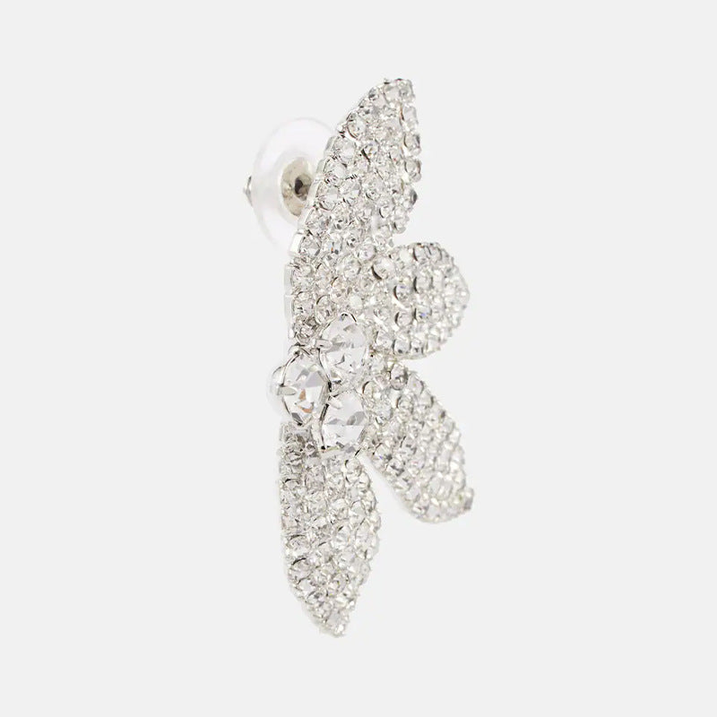 Petal Silver Alloy Earrings For Women In Simple Style With Electroplated Finish And Rhinestone Inlay