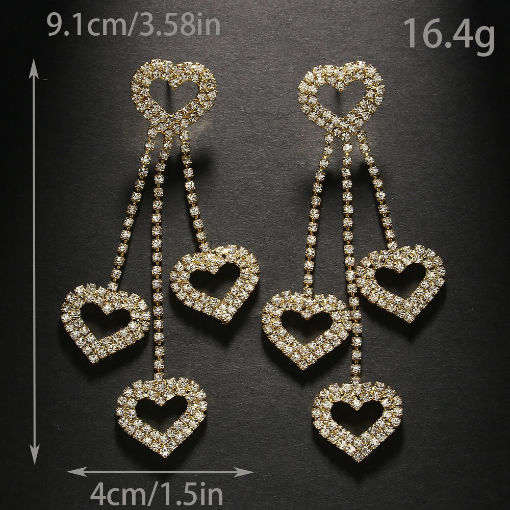 Heart Shape Tassel Earrings For Women In Silver Alloy With Rhinestone Inlay, Simple Style