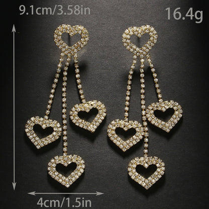 Heart Shape Tassel Earrings For Women In Silver Alloy With Rhinestone Inlay, Simple Style