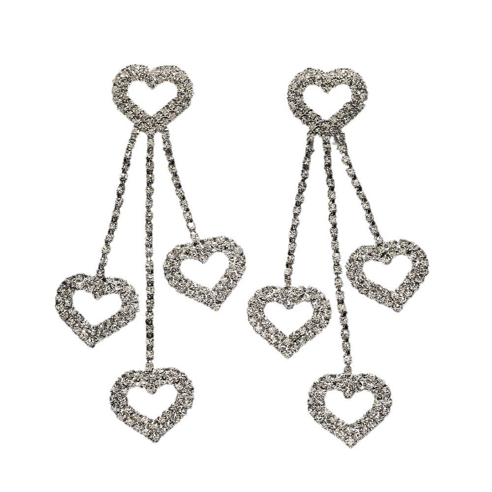 Heart Shape Tassel Earrings For Women In Silver Alloy With Rhinestone Inlay, Simple Style
