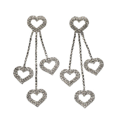 Heart Shape Tassel Earrings For Women In Silver Alloy With Rhinestone Inlay, Simple Style