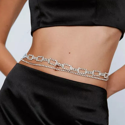 Silver Alloy Waist Chain For Women With Geometric Pattern And Electroplated Finish Featuring Rhinestones Inlay