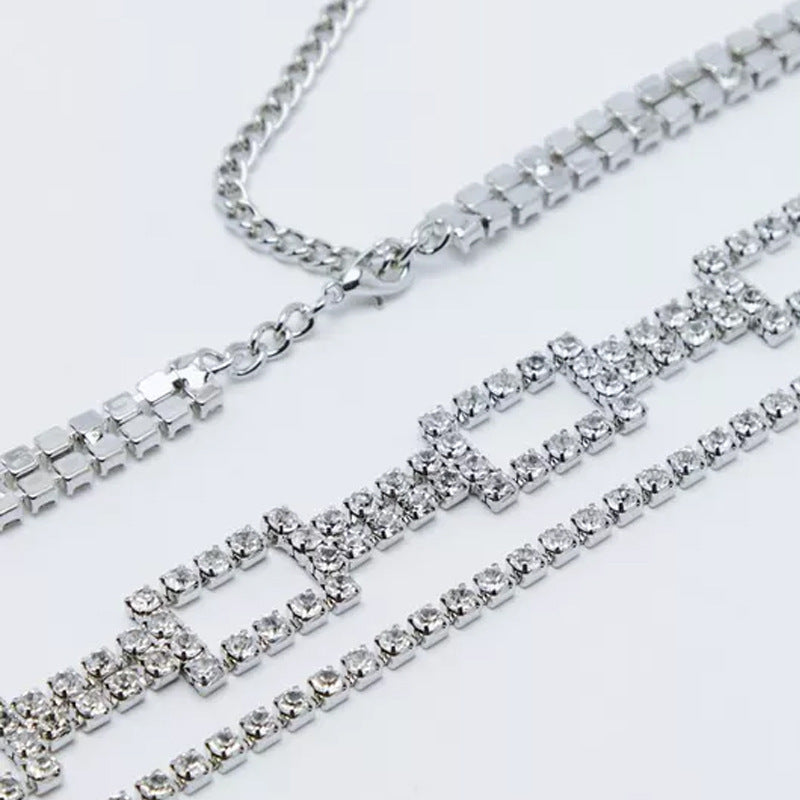 Silver Alloy Waist Chain For Women With Geometric Pattern And Electroplated Finish Featuring Rhinestones Inlay