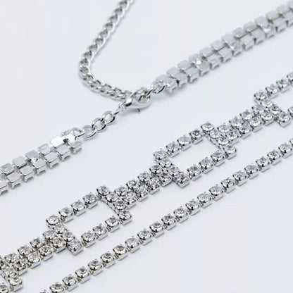 Silver Alloy Waist Chain For Women With Geometric Pattern And Electroplated Finish Featuring Rhinestones Inlay