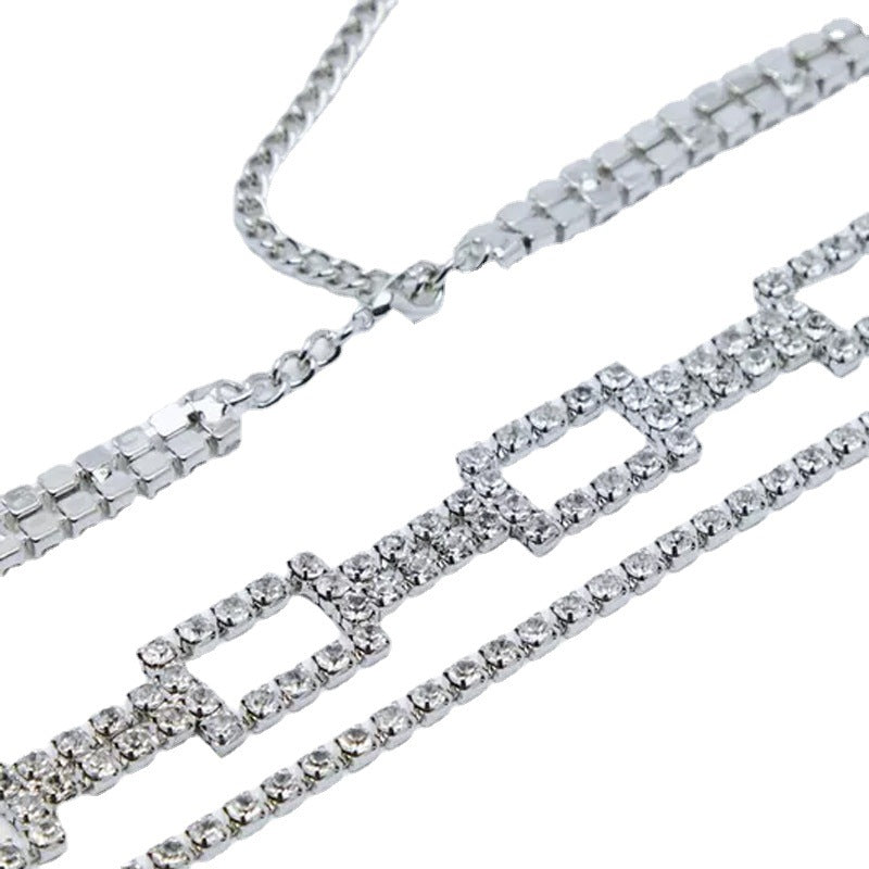 Silver Alloy Waist Chain For Women With Geometric Pattern And Electroplated Finish Featuring Rhinestones Inlay